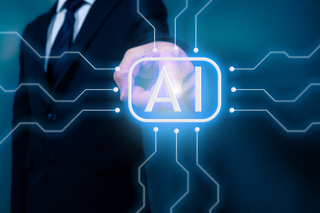 仮想AIボタンを押すビジネスイメージ